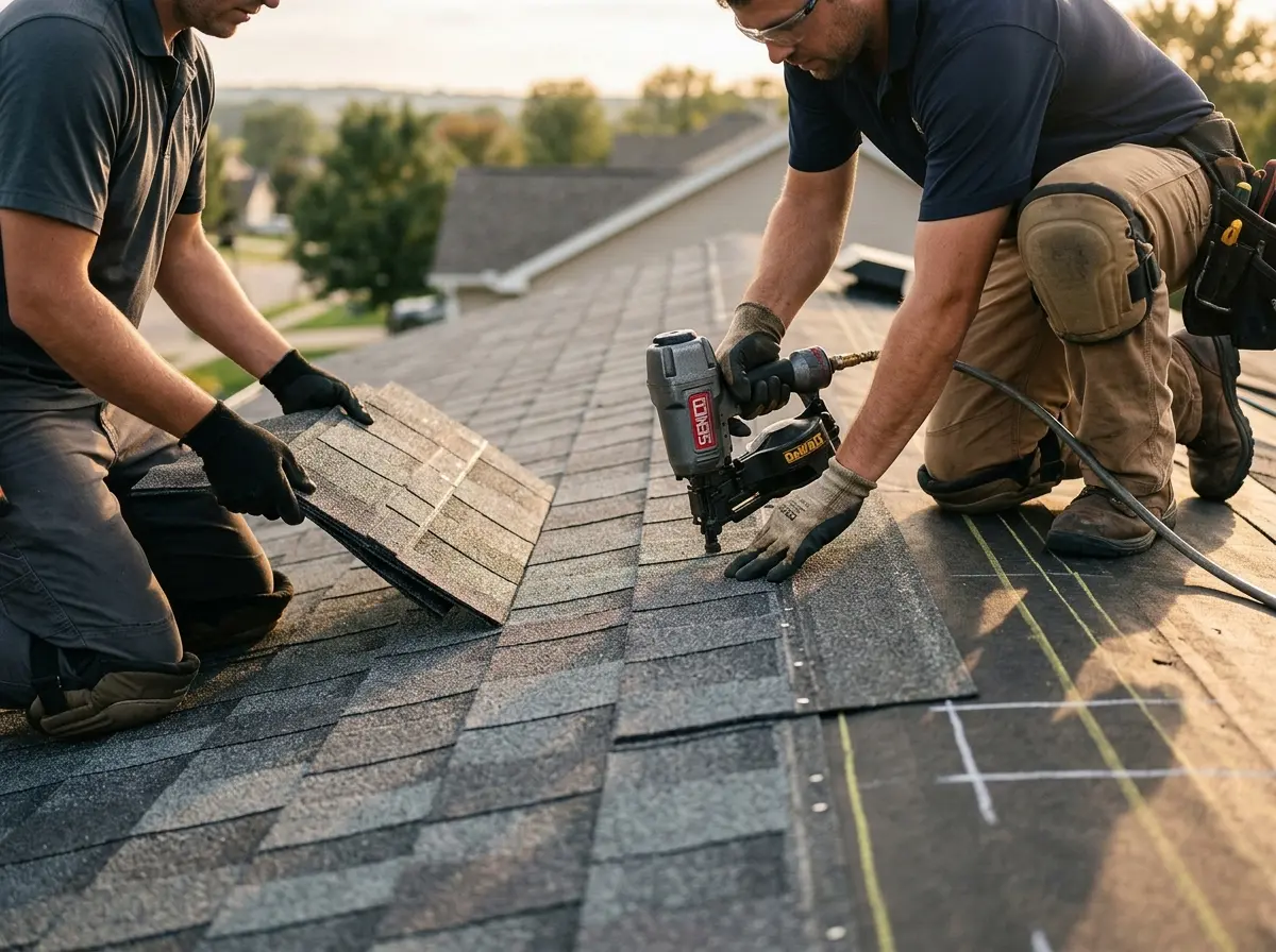Professional roofer working on a residential roof in Melrose Park